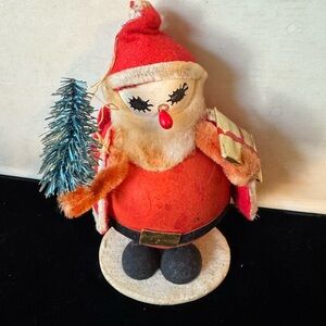 Festive Japan Mid-Century Red Santa Figure with Bottle Brush Tree